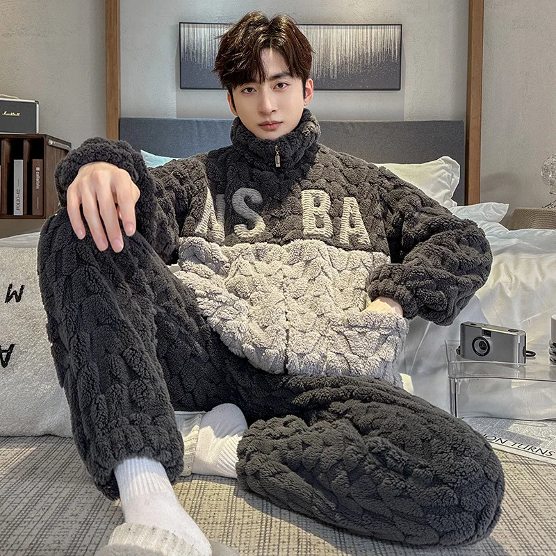 Autumn Winter Men's Coral Velvet Pajamas Plush Thickened Zipper Jacquard Flannel Cardigan Oversized Loose Home Clothing Set