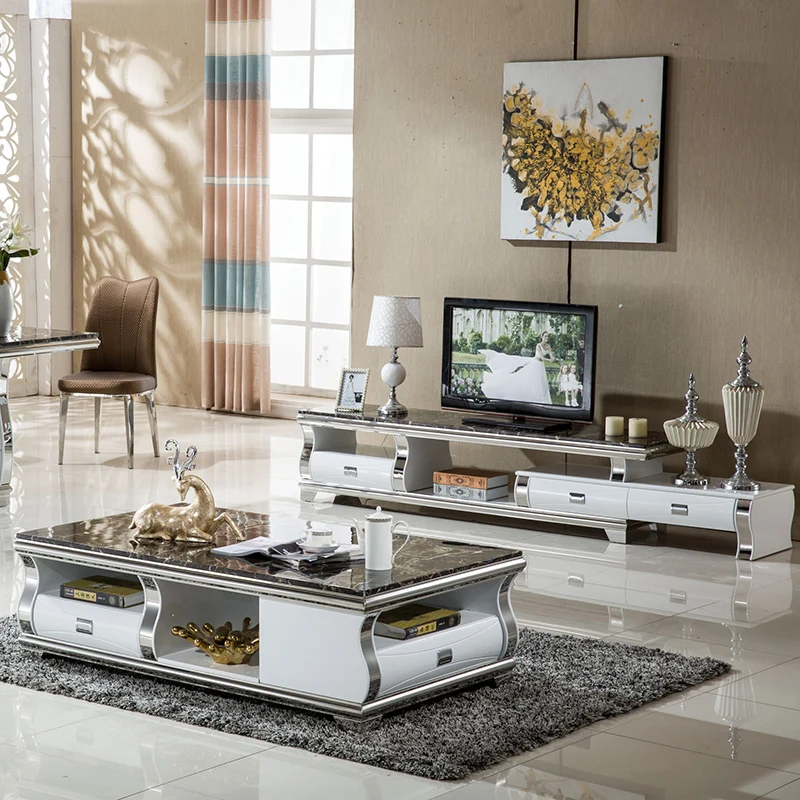 

Linlamlim Stylish Living Room Furniture Set with Marble Stainless Steel Foldable TV Stand and Coffee Table TV Table Centro Table