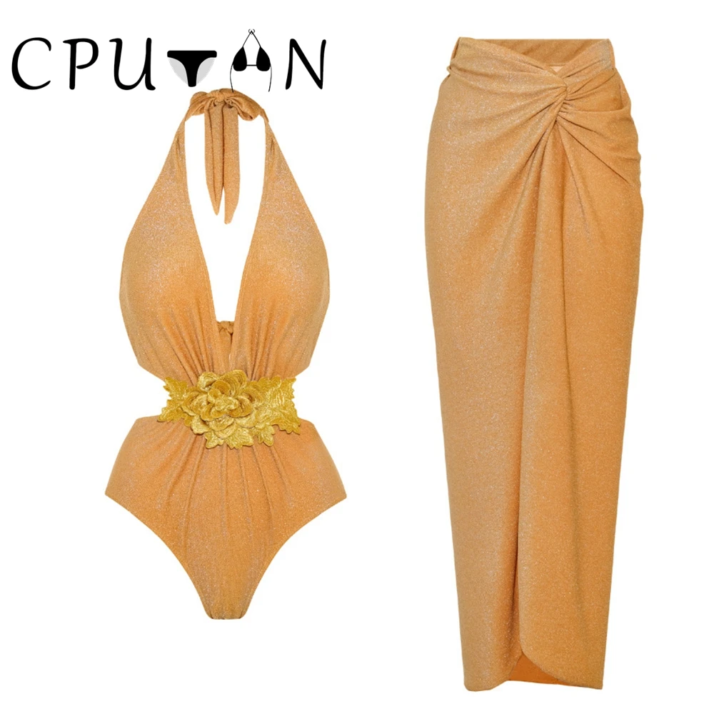 

CPUTAN 2024 Sexy 3D Flower Swimwear One Piece Swimsuit Skirt Biquini Bikini Set Women Brazilian Beach Halter Bathing Suit Dress