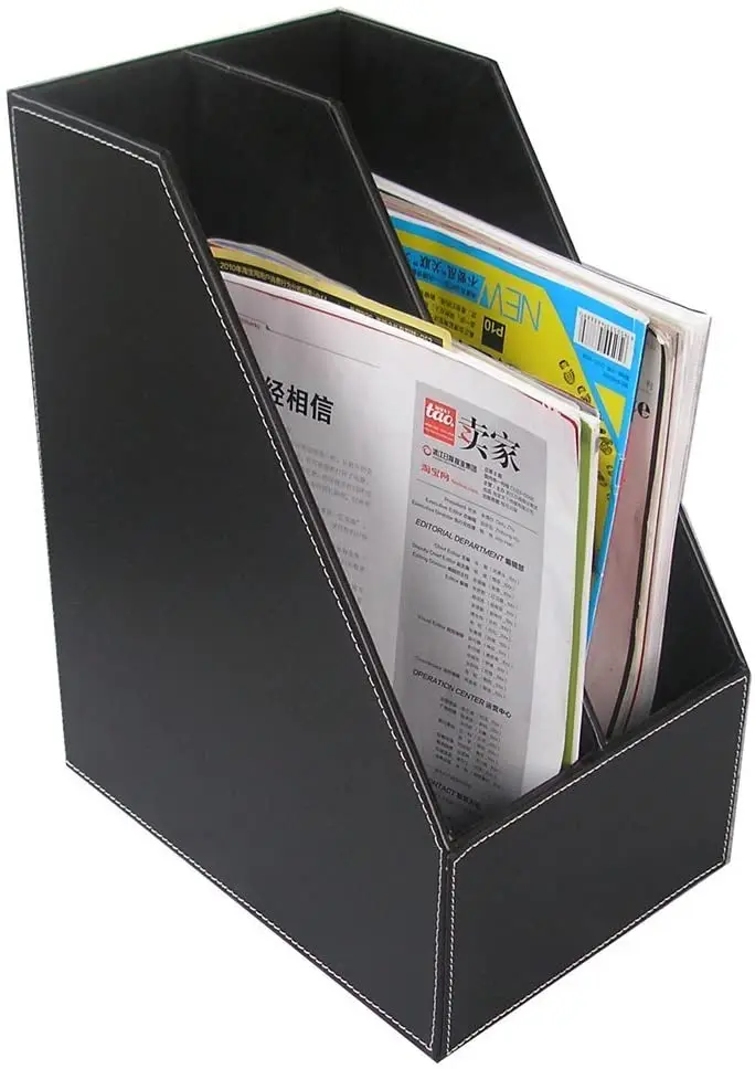 Wooden Leatherette Desktop File Folder Organizer and Document File Stand Journals Magazine Rack 2 Slots