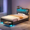 Bed Frame with Storage Headboard and 2 Drawers, Upholstered Platform Bed with Charging Station and LED Light, Noise Free 1