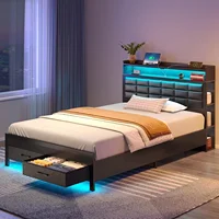 Bed Frame with Storage Headboard and 2 Drawers, Upholstered Platform Bed with Charging Station and LED Light, Noise Free 1