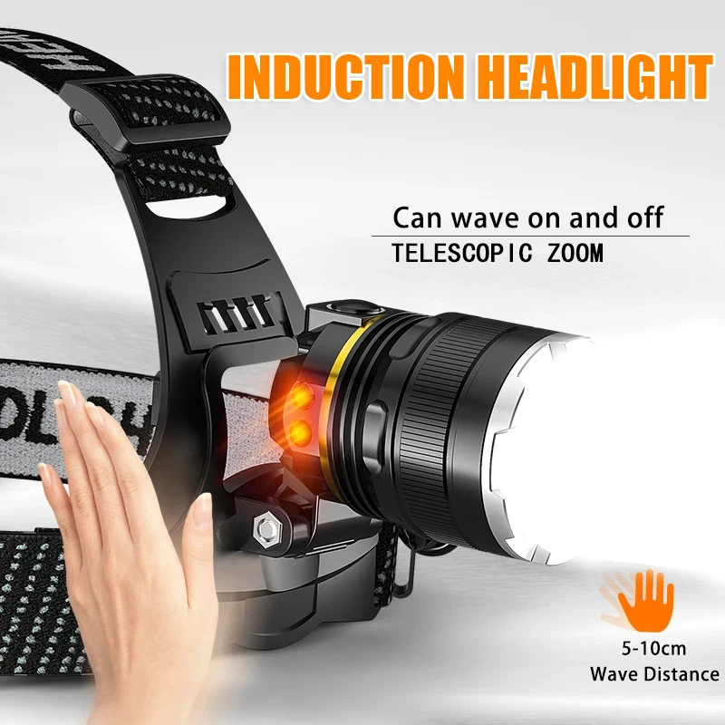 Powerful XHP50 Sensor Headlamp 9800LM Usb Rechargeable 18650 Battery Zoom Head Flashlight Camping Fishing Searching Headlight