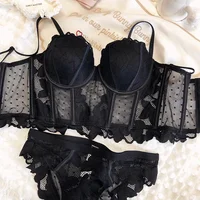 Ensemble de sous-vêtements sexy en dentelle brodée de fleurs pour femmes, sous-vêtements moulants, soutien-gorge push-up en maille noire, lingerie respirante à pois, 2 pièces 1
