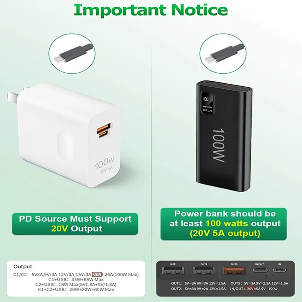USB C to DC 5.5mm x 2.5mm 전원 코드, USB 타입 C PD 입력 to DC 20V 5A 출력 전원 케이블, 야외, 스튜디오 및 여행 충전용