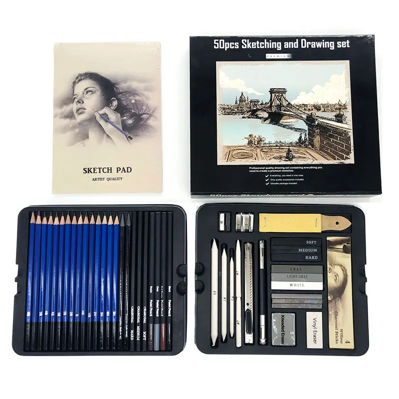 Professional 50Pcs Art Set Sketching Drawing Pencil Charcoal Graphite Stick  Sketchbook Artist Graphing Series Complete Kits - AliExpress