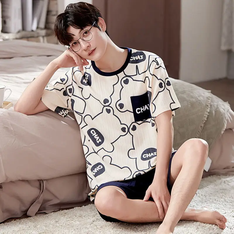 Soft Summer Sleepwear For Men Cotton Pajamas Set Plus Size 3XL Nightwear Casual Loungewear Male Young Boys Pjs Home Clothes