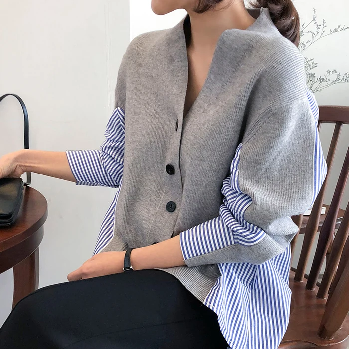Splice Women Sweater Cardigan 2022 Spring Fashion Loose V Neck Button Long Sleeve Knitted Striped Tunic 144E |