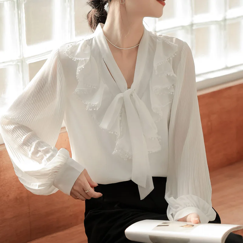 

Chiffon Women's Shirts New Chiffon Solid Casual Blouses Loose Summer V-neck Ladies Clothing FASHION Long Sleeves Ruffles Tops