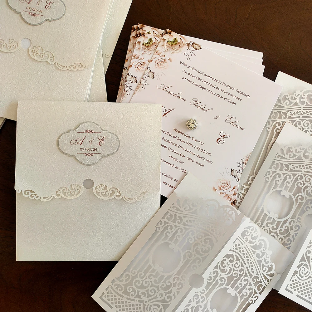 High-end wedding invitation cards with White Textured Envelope with Diamond Buttons