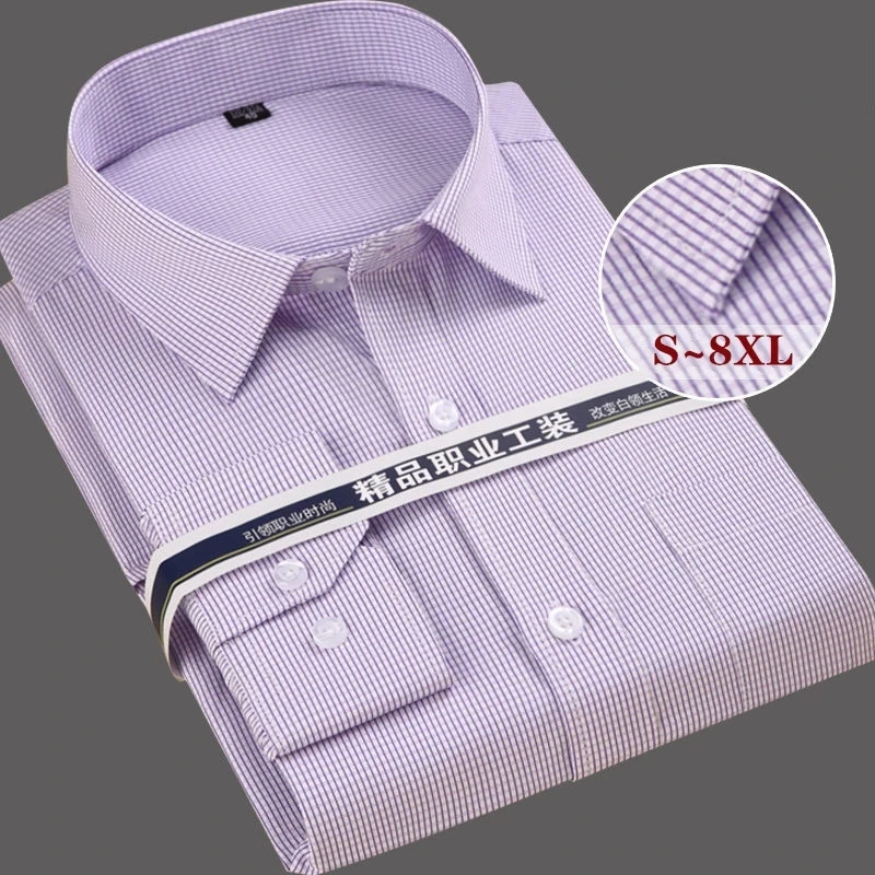 

Plus Size S To 8XL Formal Dress Shirt For Men's Plaid Long Sleeve Slim Fit Designer Business Striped Male Social White Shirts