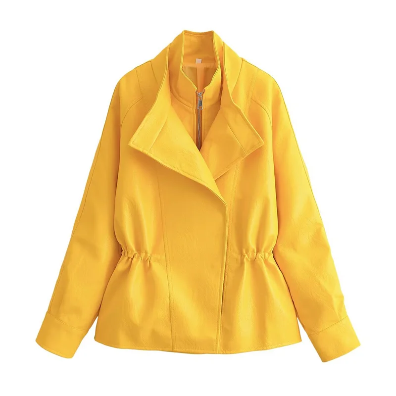 Guobioziy Women's Jacket 2026 Fall New Arrival Yellow Long-Sleeve Stand Collar Loose Faux Leather Jacket Parka Biker Style
