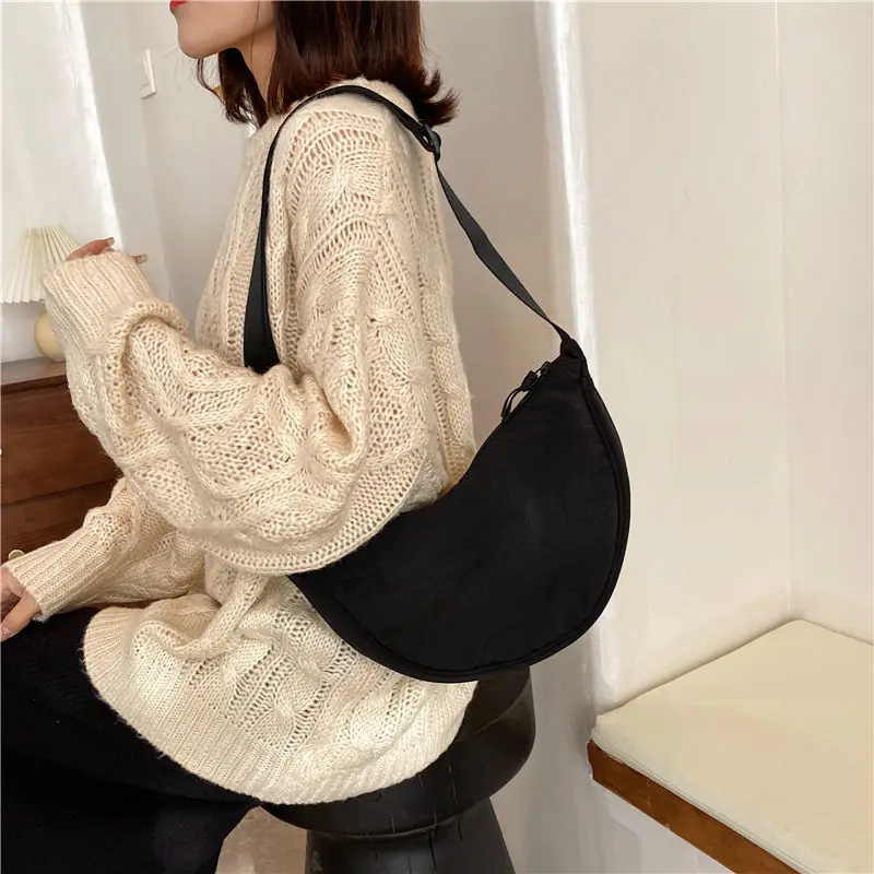 Round Mini Shoulder Bag    Anywear Unisex Women’s Men’s Solid Color Large Capacity Travel Crossbody Chest Half Moon mens womens Crescent Moon Bags Daily Cotton Filled Baggage for Man Woman in Black Uniqlo better free shipping 