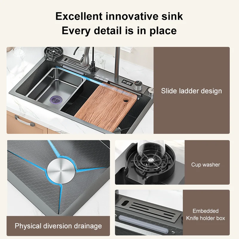 Digital Display Waterfall Embossed Kitchen Sink Stainless Steel Large Single Slot Multifunctional Washbasin For Kitchen
