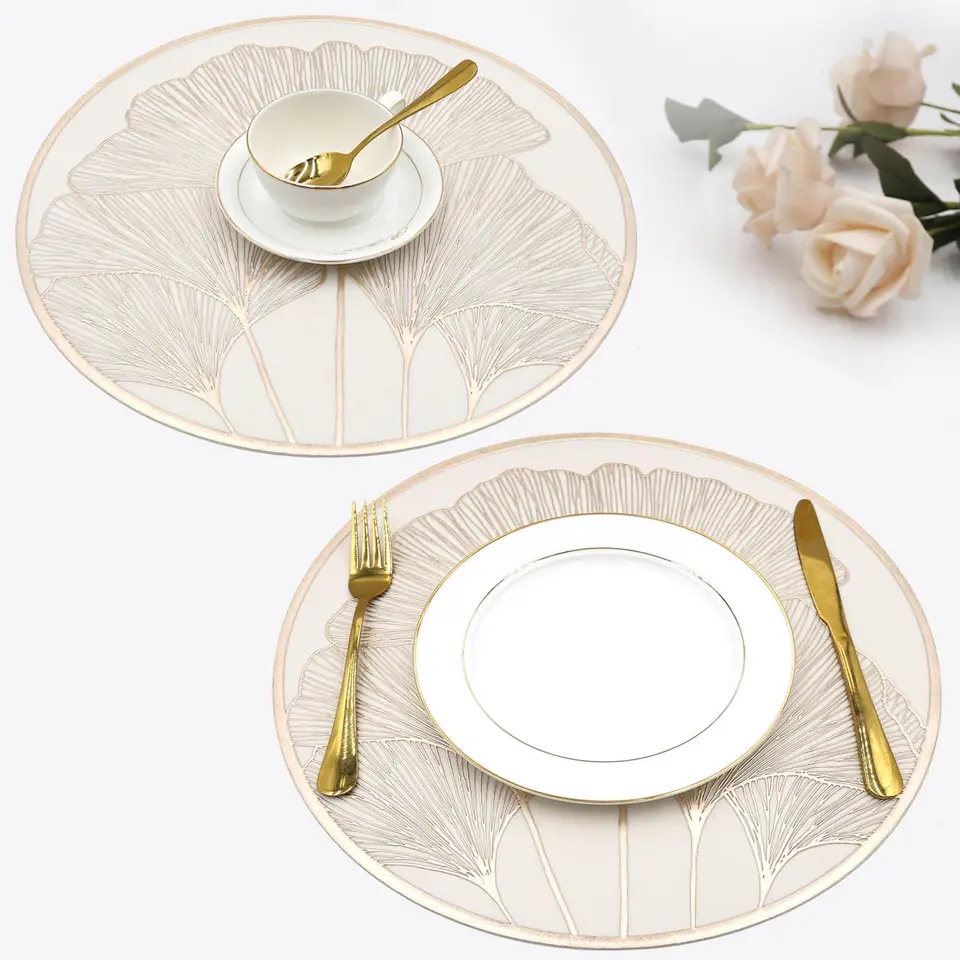 Tovagliette Americane In Vinile Oro Con Foglie E Fiori | Set Da 6, 45x30 Cm | Lavabili E Impermeabili Per Cucina