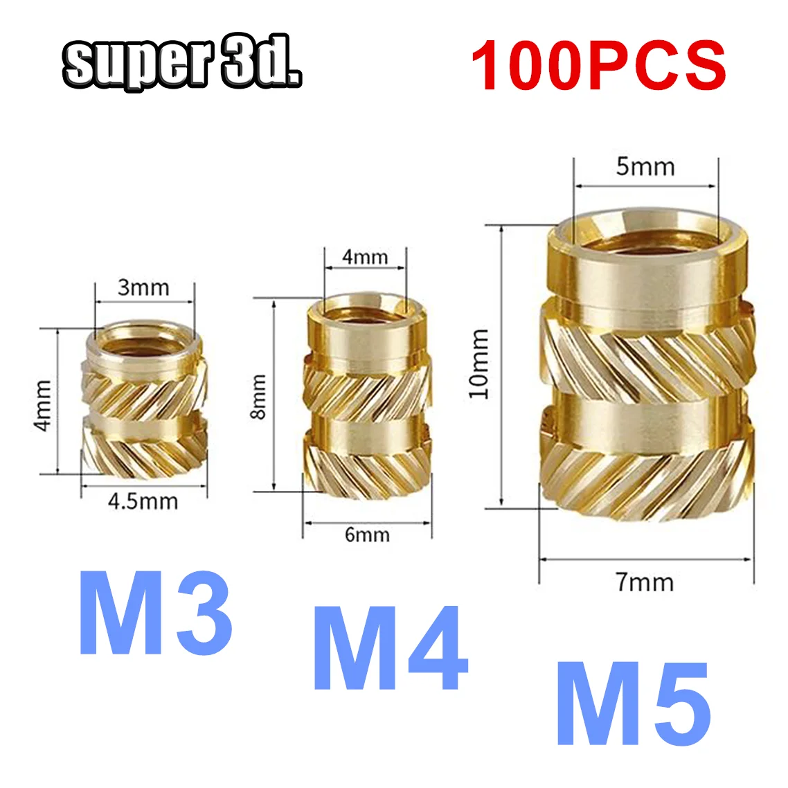 Porca m3 m4 m5 Rosca Recartilhado Hot Melt Latão Threaded Heat Conjunto Heat Resistant Insert Embedment Nuts para 3d Printer Parts 100 Pcs