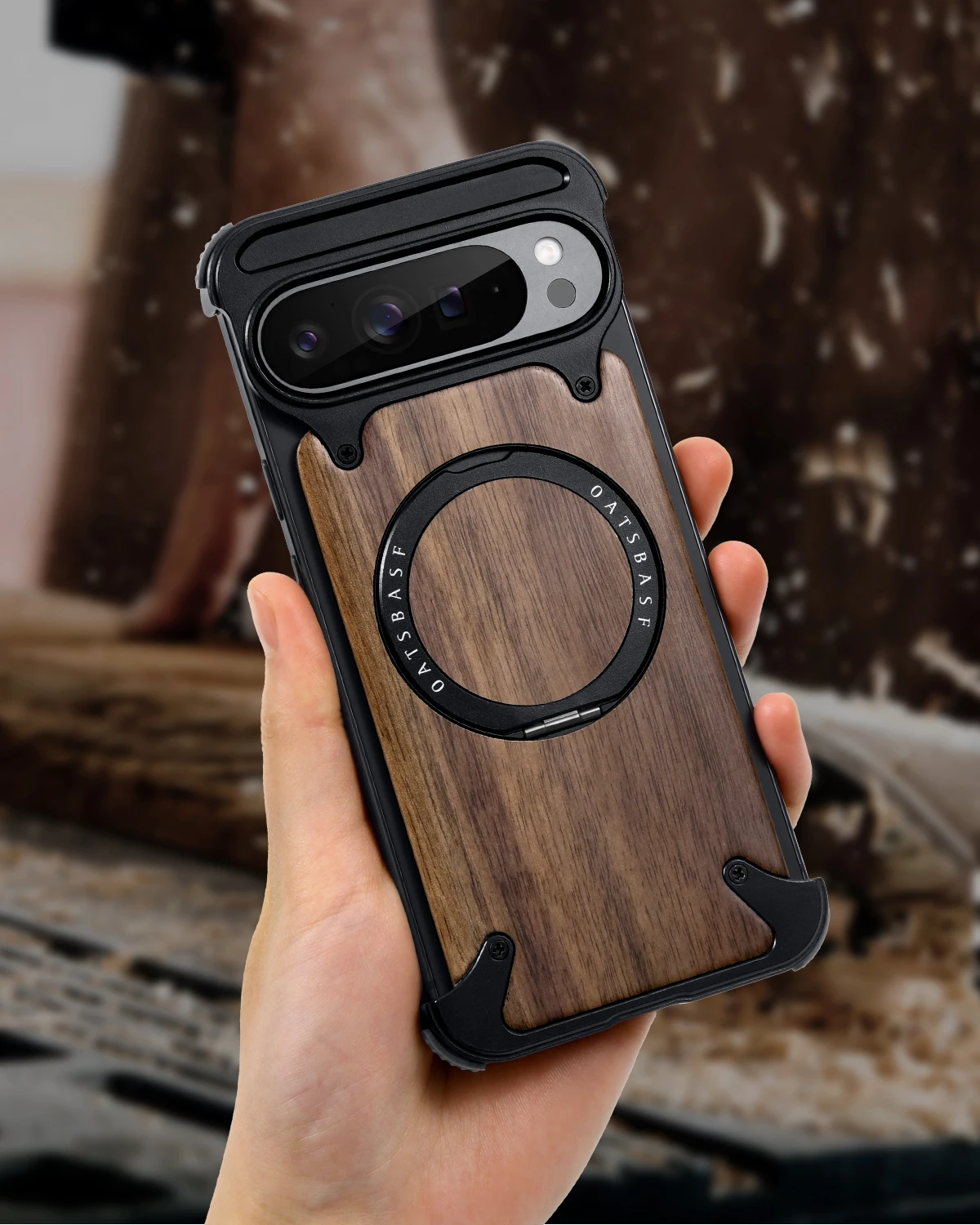 Oatsbasf Solid Wooden Phone Case with 360° Rotatable Stand and Magsafe, Frameless Shockproof Design