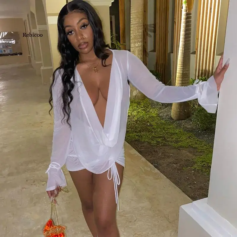 

Summer Sexy 2 Two Piece Set Mesh See Through Women Backless Pile Collar Mini Skirts Clubwear Matching Sets Outfits