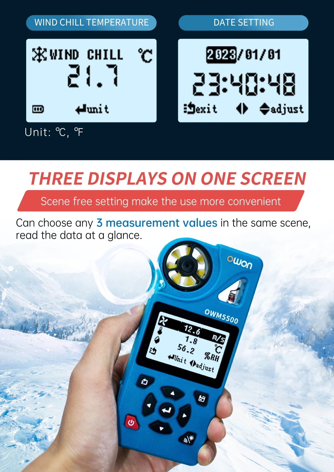 OWM5500 Digital Anemometer, 7-in-1 With 8000 Aata Memory, 7 Measurement Modes, T