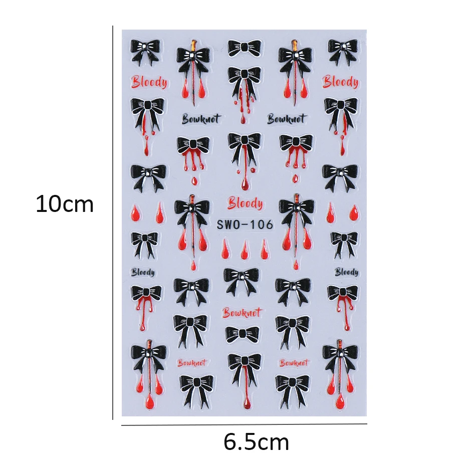2pcs Y2K Black Bow Nail Stickers Blood Drop LineTextured Adhesive Nail Decals Sliders DIY Halloween Holographic Manicure Decor