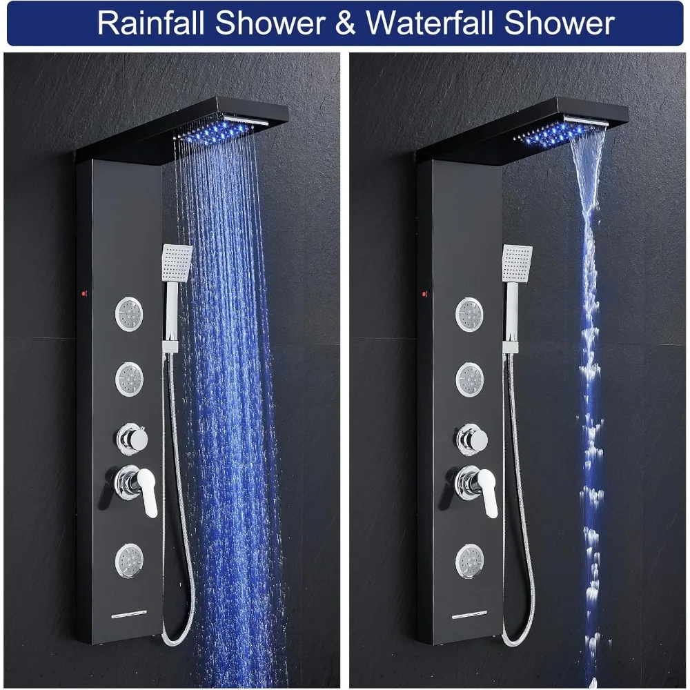 ROVATE LED Shower Panel Tower System with Rainfall Waterfall Shower, Black Shower Panels with Jets and Rainfall and Handheld