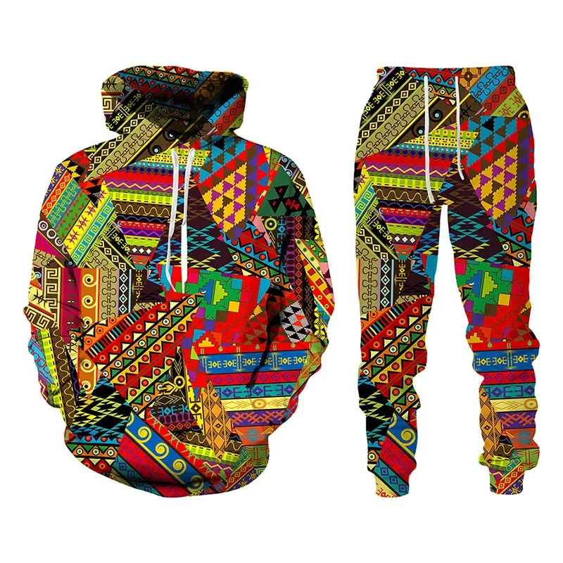 Folk Custom 3D Printing Men's Ladies Hoodie + Pants Two Piece Loose Long Sleeve Sweatshirt African Ethnic Style Dan Color Men's 2 pcs shawl lapel women pantsuits blazer with pants suits set long sleeve suit women jacket suits female ladies customize made