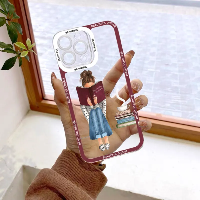 Lesebuch und Kaffeemädchen, transparente Handyhülle, niedliche Hülle für iPhone 15 13 14 12 11 Pro Max X XS XR 7 8 Plus SE2, transparente Hülle – Detail 4