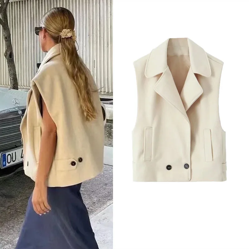 

TRAF Female Solid Tweed Vest 2024 New Loose Oversized Lapel Sleeveless Jackets For Women Casual Double Breasted Pocket Vests