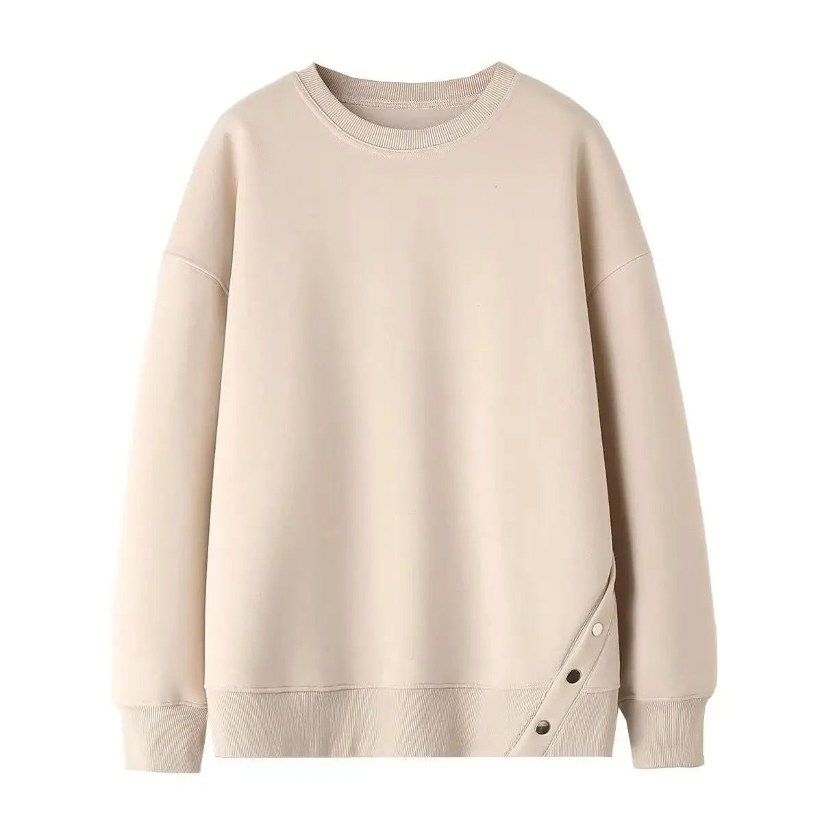 

Women Khaki Buttons Decoration Pullovers Spring Autumn Long Sleeve Loose Sweatshirts