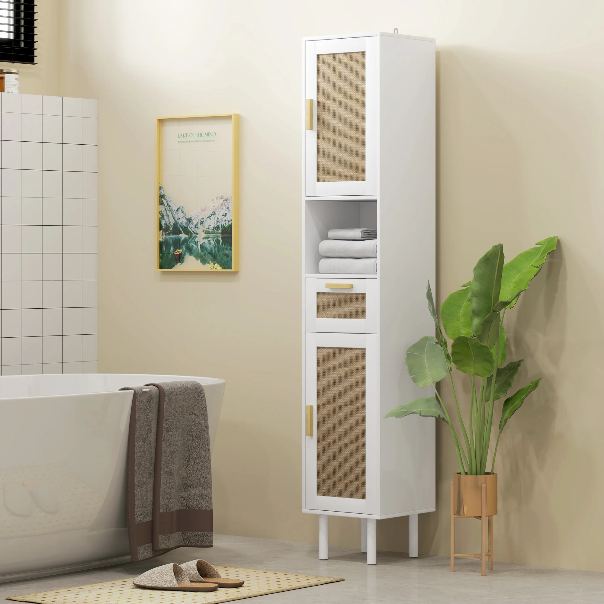 Homcom Tall Bathroom Storage Cabinet with Rattan Doors, Freestanding Bathroom Cabinet with Open Shelf, Drawer, White 3