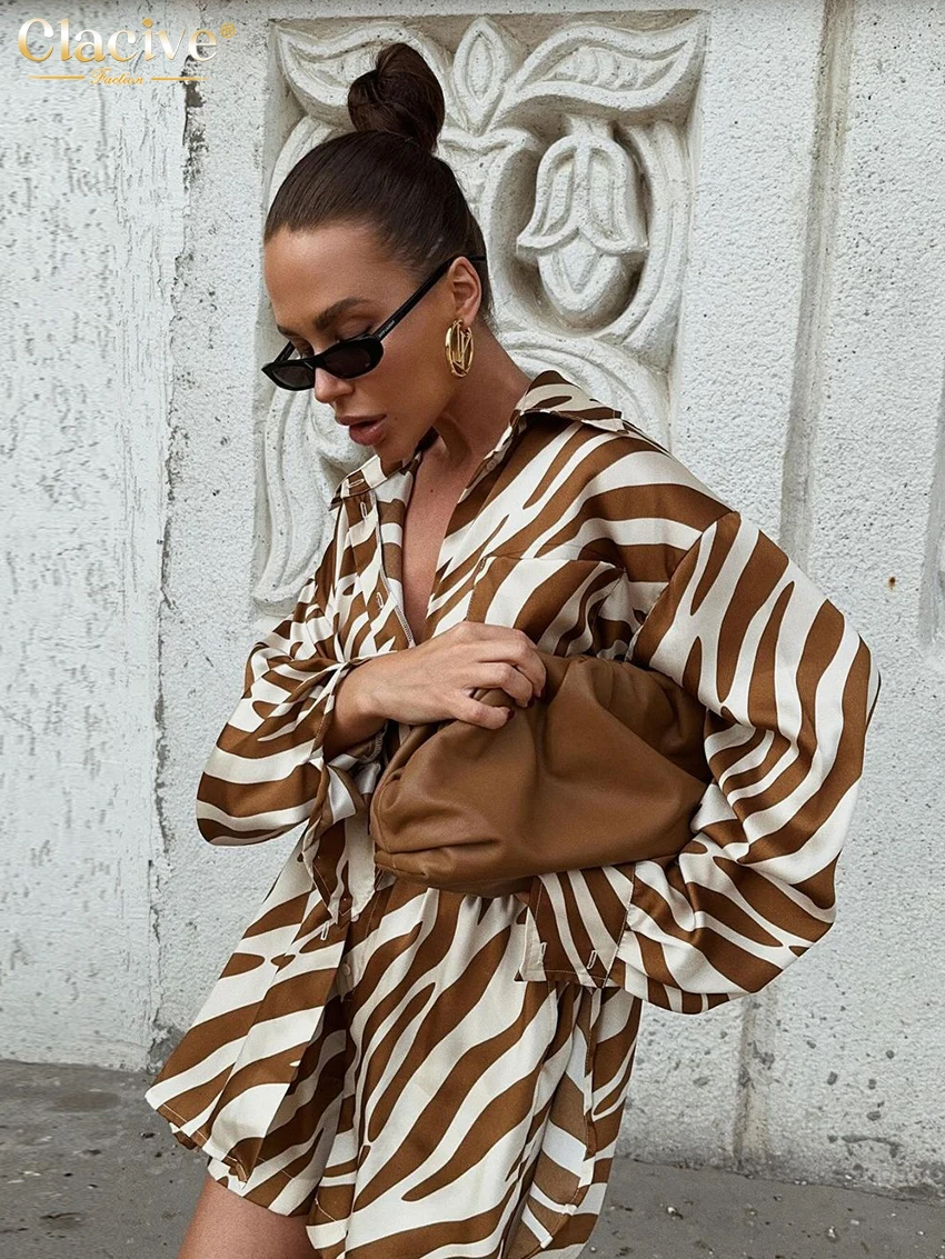 Clacive Fashion Loose Stripe Print 2 Piece Sets Women Outfit 2024 Elegant Long Sleeve Shirt With High Waist Shorts Set Female 3