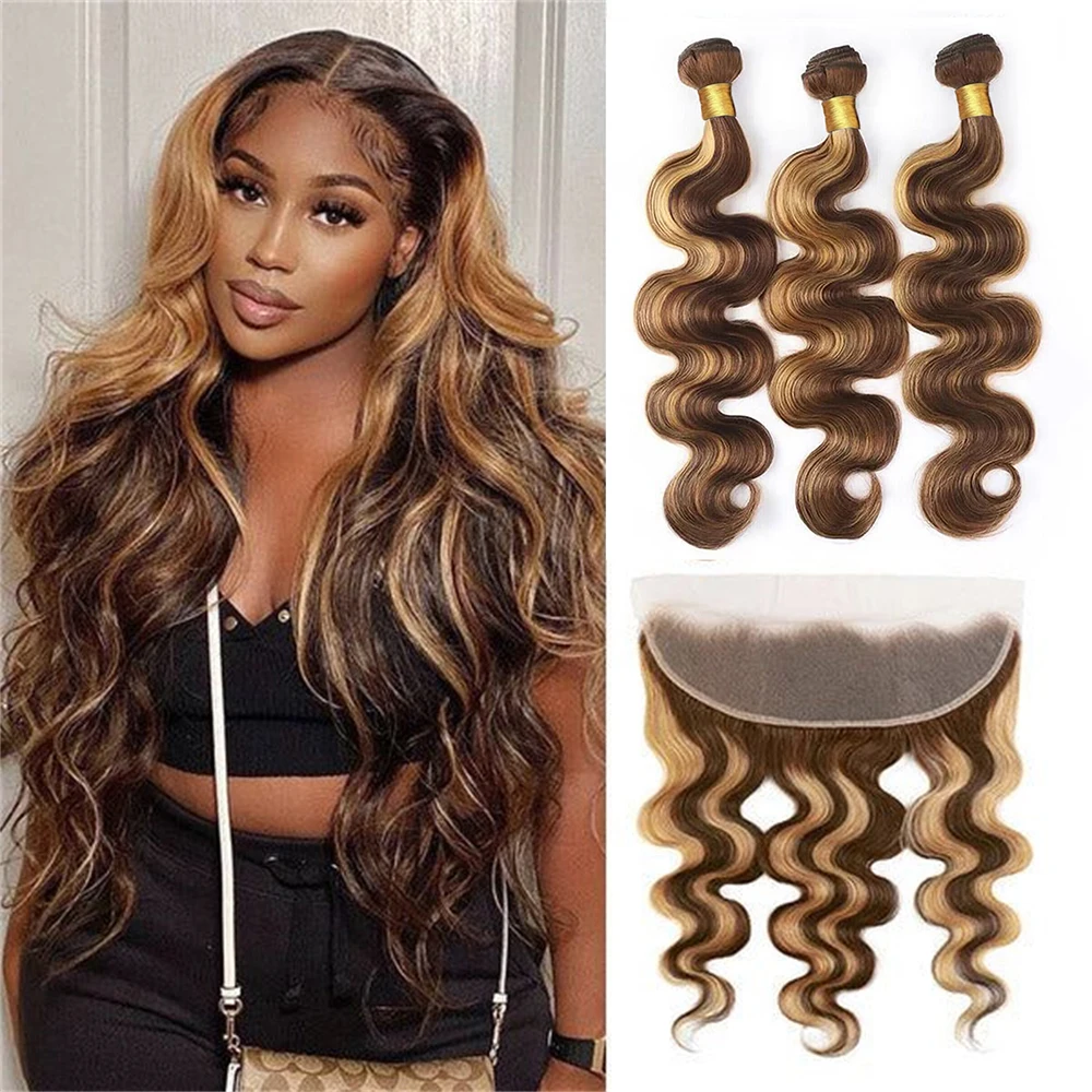 Highlight Body Wave Bundles Human Hair With Frontal P4/27 Ombre Honey Blonde 13x4 Lace Frontal With Bundle Remy Hair Extensions