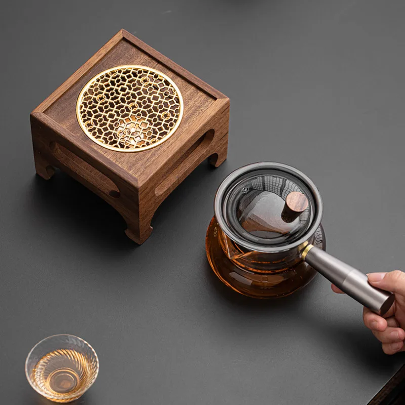 Walnut Wood Square Tea Warmer Set Glass Side Handle Teapot For Home Warm Brewing Tea Kettle Heating Base Kung Fu Tea Ceremony