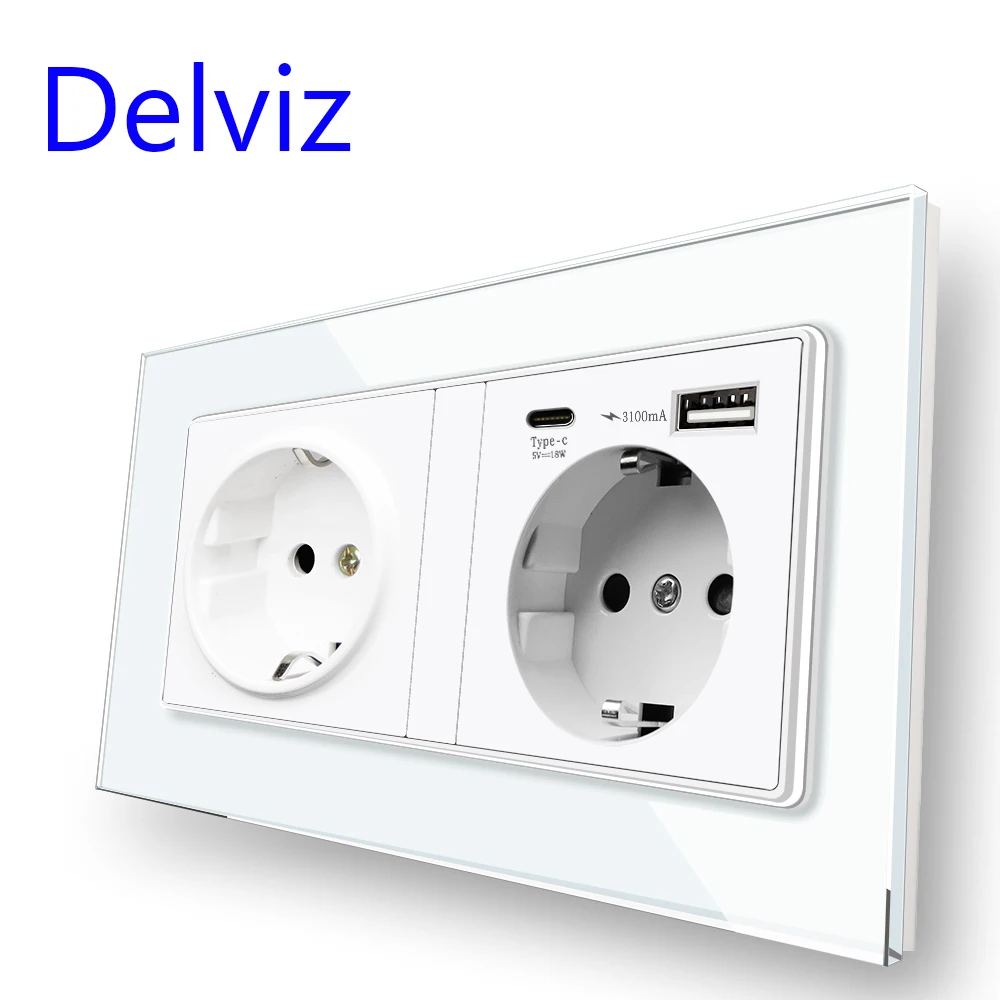 Delviz zeď energie dvojitý vývod, 5V 3100ma s USB rychlý nabít levý bok lodi, temperované sklo panel, EU předpis 18W typ C USB nástrčkový