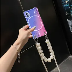 Pearl Chain Crossbody Lanyard Case with Rainbow Gradient Soft TPU Shockproof Cover for Nothing CMF Phone1 (Blue Pink)