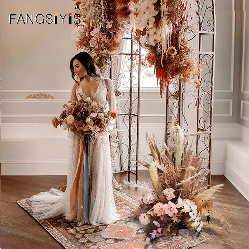 

Luxury Natural Dried Pampas Grass Pu Fan Artificial Flower Row Wedding Arch Deco Reed Rose Hanging Floral Arrangement Party Prop