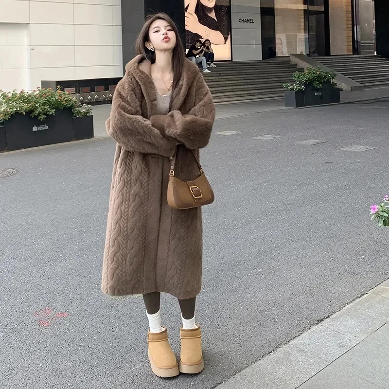  2025 Winter New Thick Women's Long Imitation Mink Plush Cardigan With Integrated Fur Eco-Friendly Hooded Fur Coat Solid Color