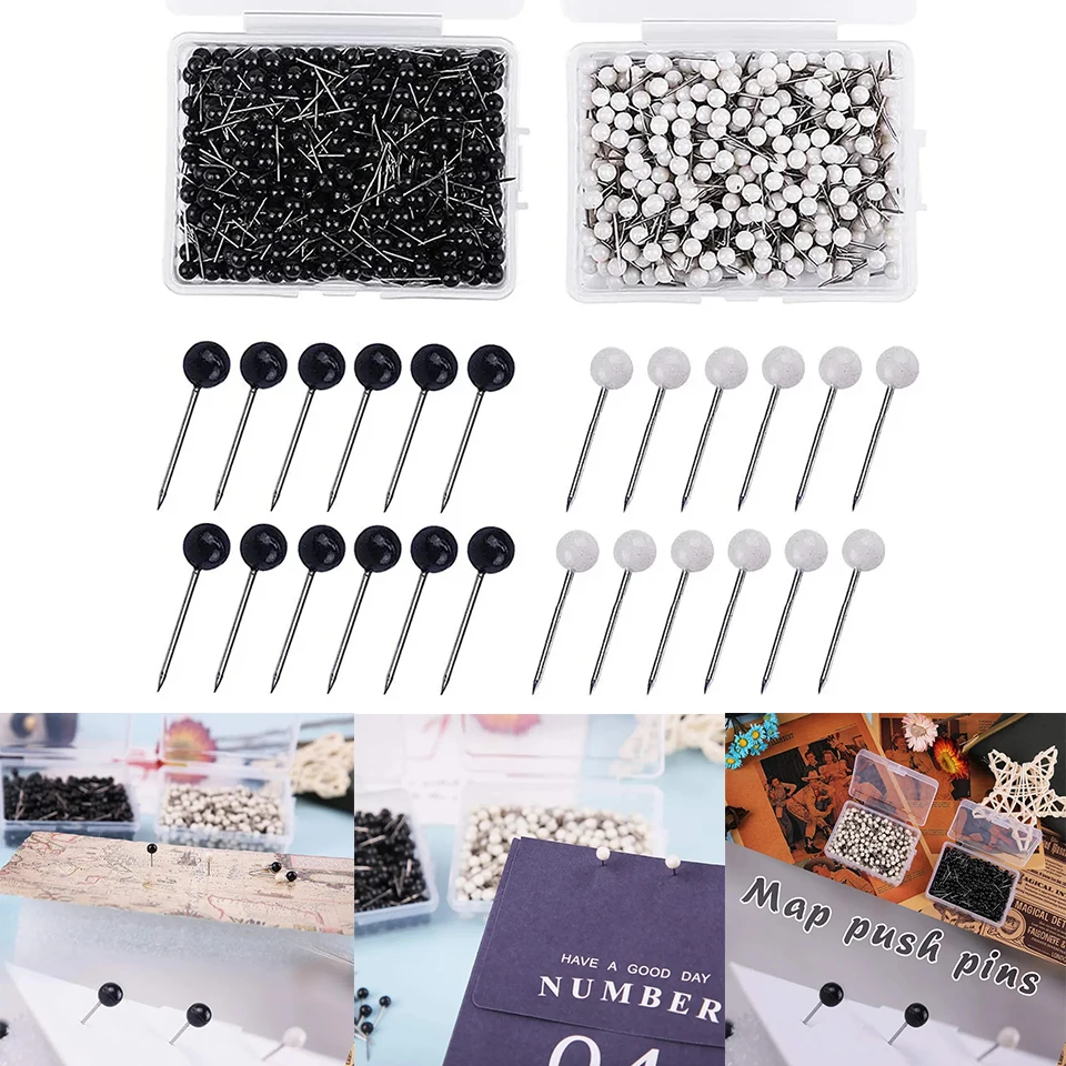 KAOBUY 1000 PCS puntine per mappe puntine a pressione con scatola di immagazzinaggio testa tonda punta in acciaio colori bianco e nero per mappa di viaggio Craft DIY