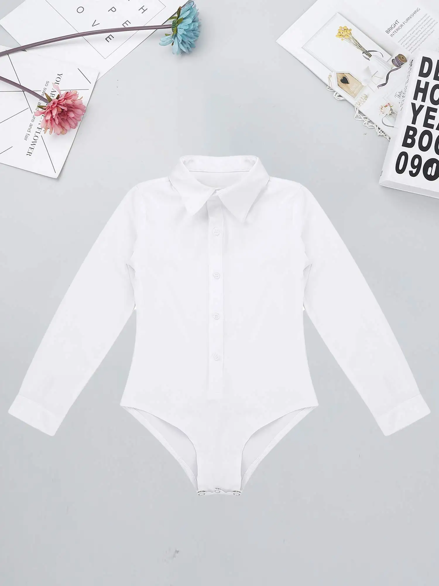 Kids Boys Latin Dance Costume White Long Sleeve Shirts One-Piece Lapel Romper Leotard Bodysuit