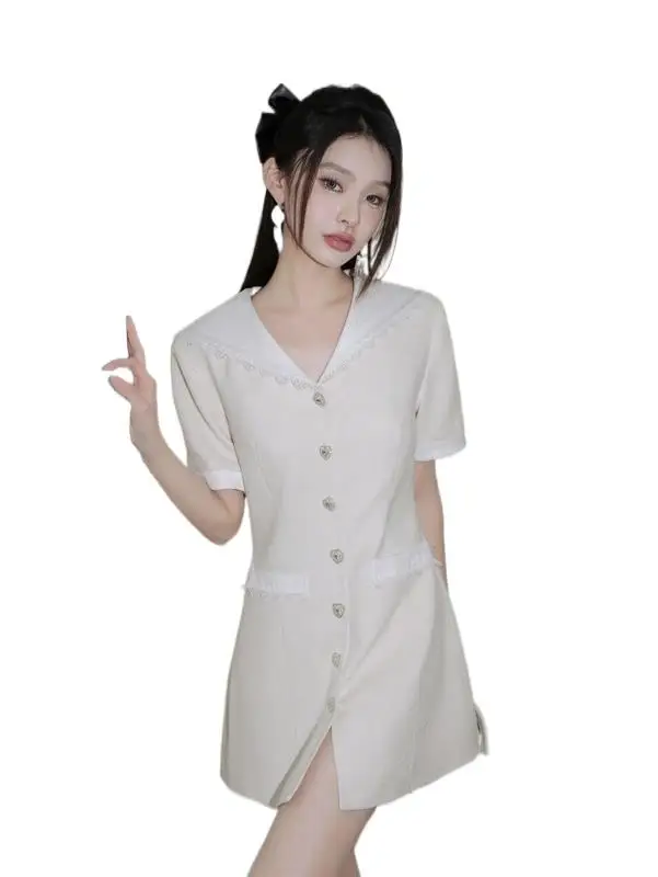

2023 Women's Clothing 23 New Button Sailor Collar Slimming Dress