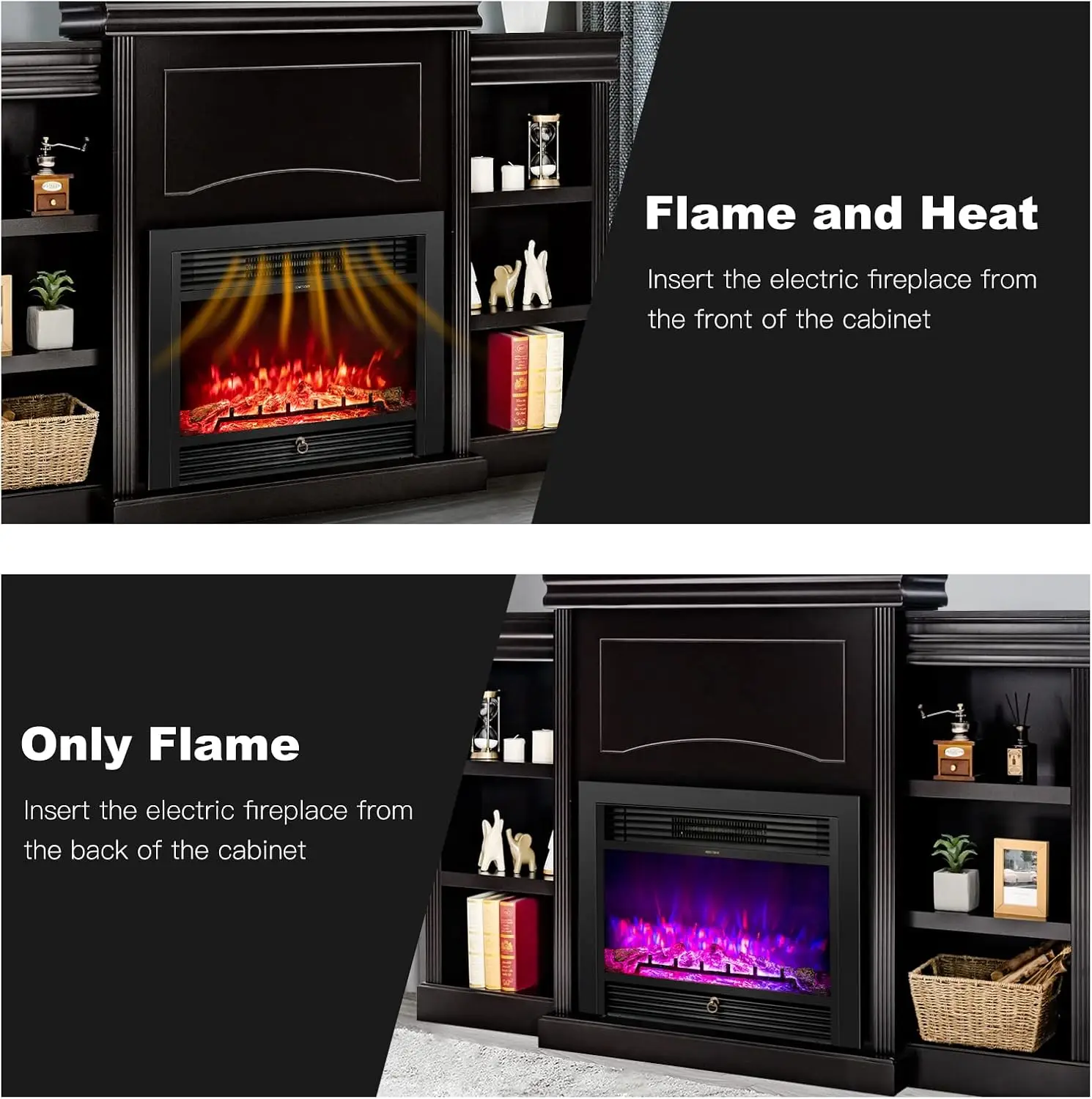 70" Mantel Fireplace, 750W/1500W Electric Fireplace w/Mantel & Built-in Bookshelves, 28.5-Inch Electric Fireplace w/Remote Contr