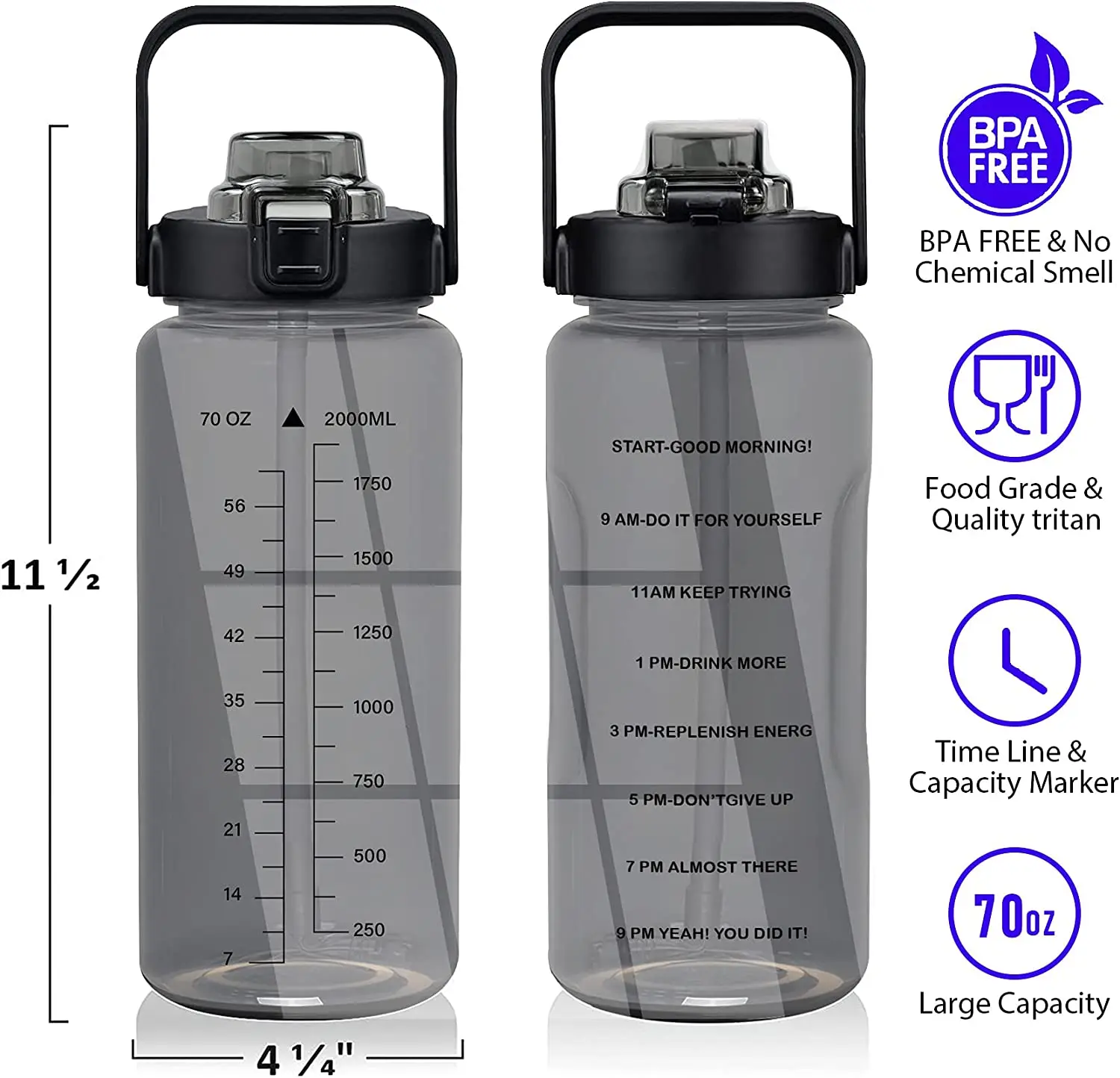 2L Outdoor Sports Half Gallon 64 OZ Water Bottle with Straw Time Marker  BPA-Free