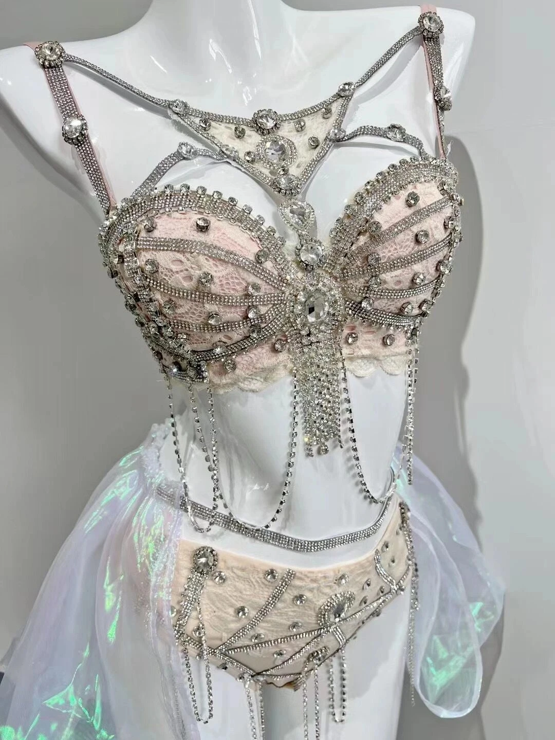 Rhinestones Chains Bra Short Outfit Set Bar Singer Bikini Women Dancer  Evening Prom Performance Outfit