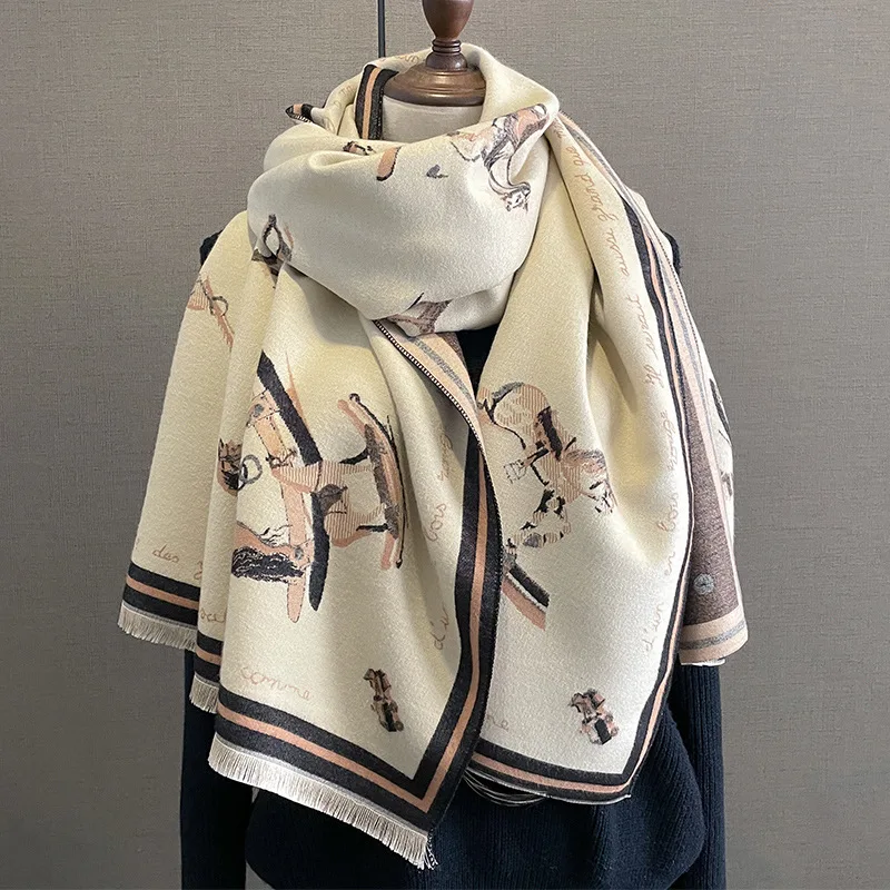 2024 Women's New 100% Cashmere Scarf Women's Vintage Pony Fashion Fringe Air Conditioning Warm Luxury Plus-size Shawl Scarf
