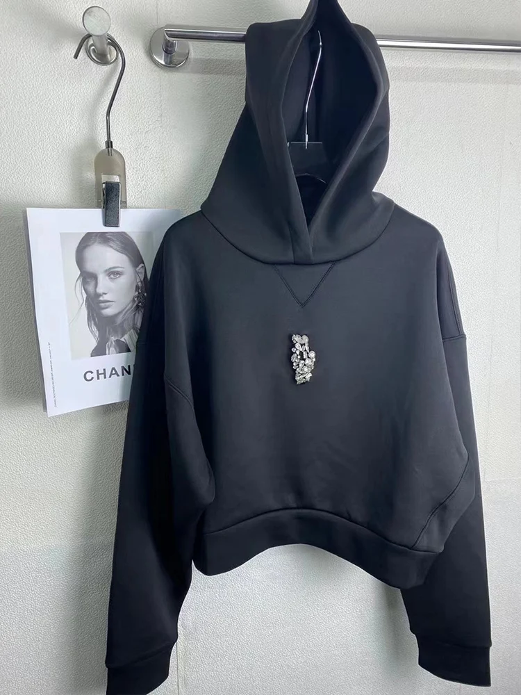 

Retro autumn new heavy industry with rhinestone letters long sleeve hooded sweater coat fashion loose casual solid color blouse.
