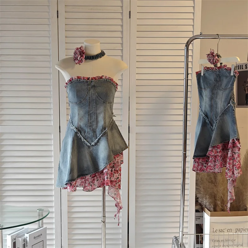 

Sexy Strapless Backless Irregular Patchwork Dress Blue Denim Female Short Dress for Women Clothes Summer Beach Wear Jean Dresses