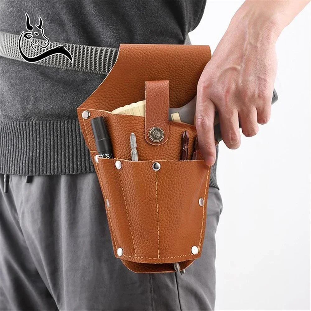 Vintage Leather Electric Drill Storage Bag Multi-pocket Tool Waist Bag for Belt Makita Electric Wrench Electric Screwdriver 4
