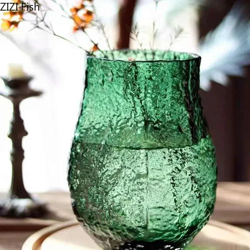 Green Wrinkle Glass Vase Artificial Flowers Decorative Flower Arrangement Desk Decoration Transparent Hydroponics Floral Vases 2