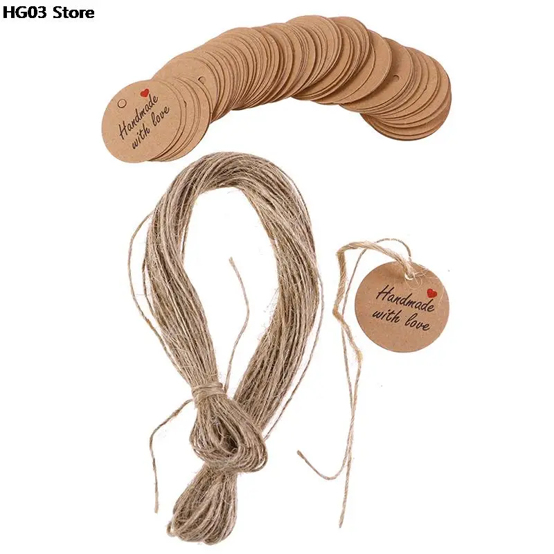 Kraft Paper Tags 100pcs/lot Handmade With Love Labels Hang Tags Blank Kraft Paper With 20m String Tag Labels Party Favors Gift