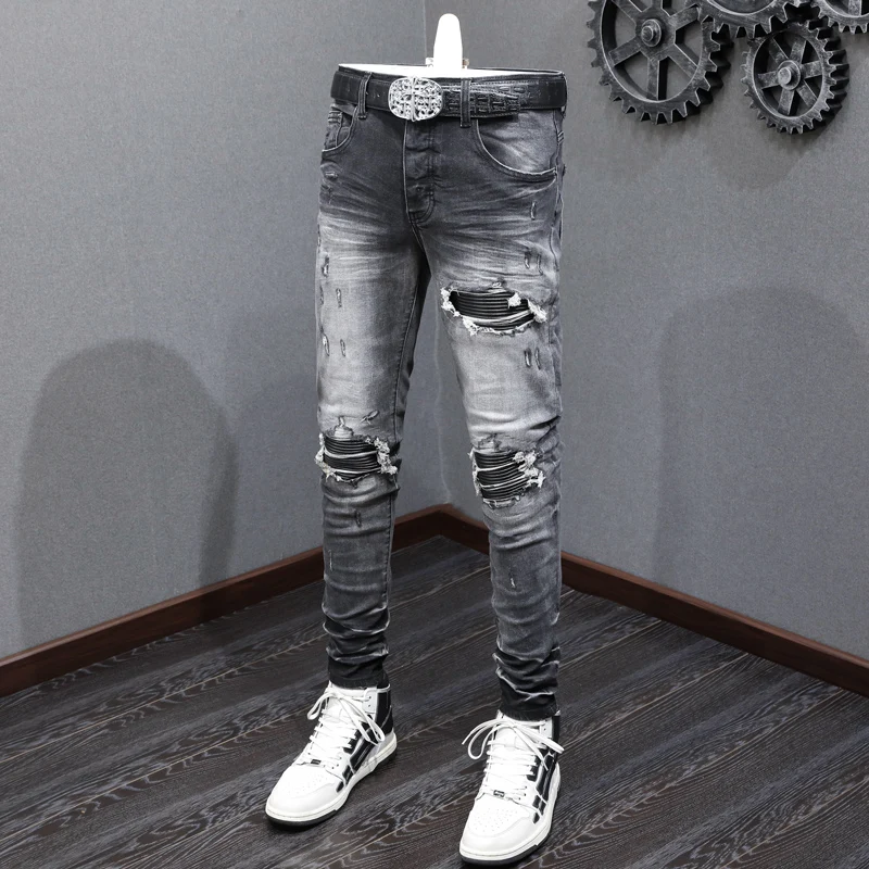 High Street Fashion Men Jeans Retro Black Gray Stretch Skinny Fit Ripped Jeans Men Leather Patched Designer Hip Hop Brand Pants 2